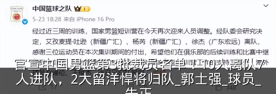 官宣中国男篮第3批裁员名单！10人离队7人进队，2大留洋悍将归队_郭士强_球员_朱正